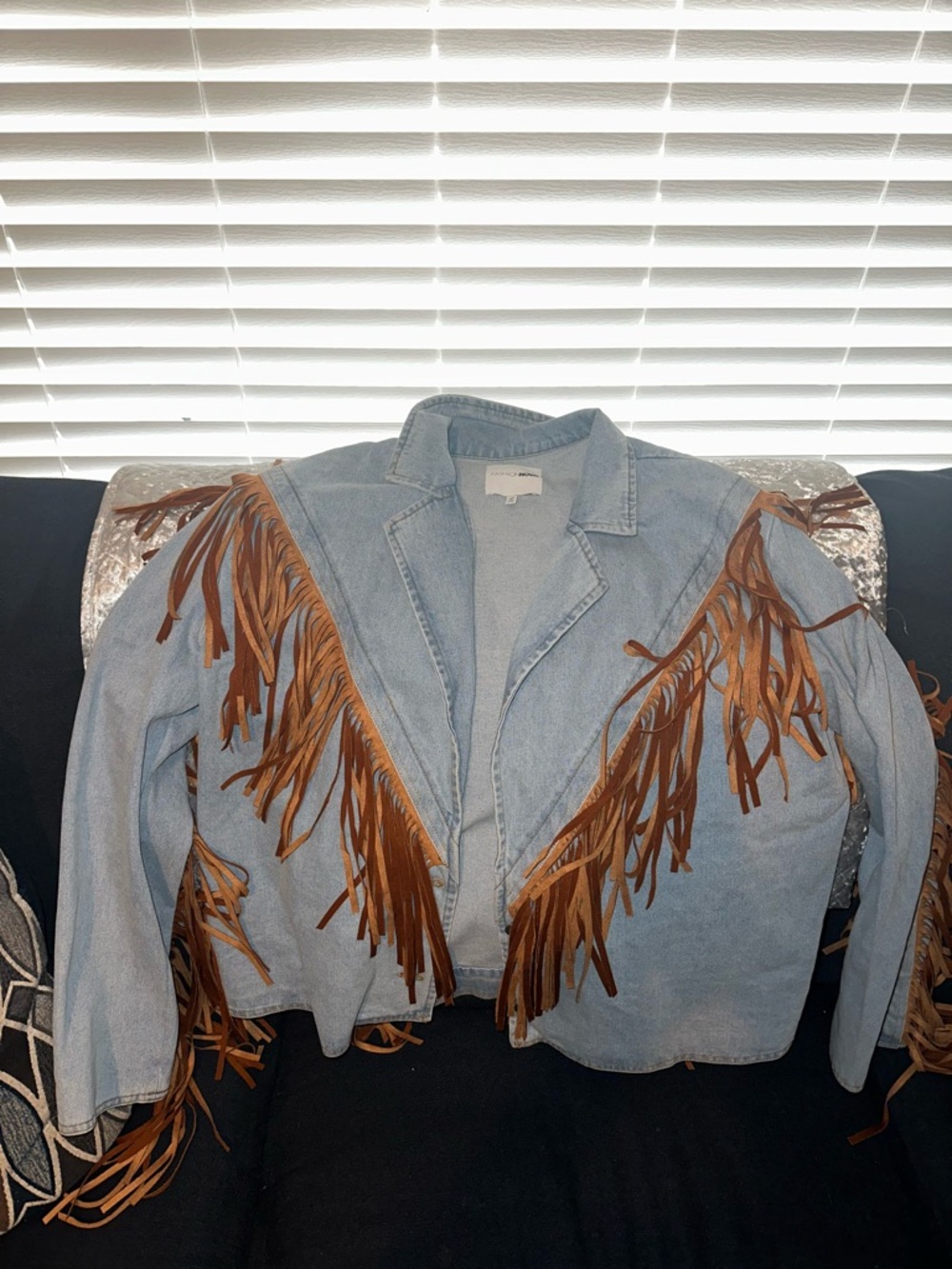 Fashion Nova Light Blue Denim Jacket with Brown Fringe
